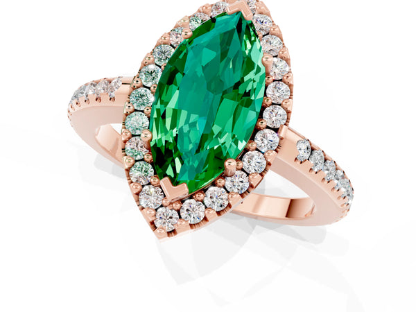 Rose gold Marquise Cut Emerald Pavé Halo Ring with Four-Prong Setting