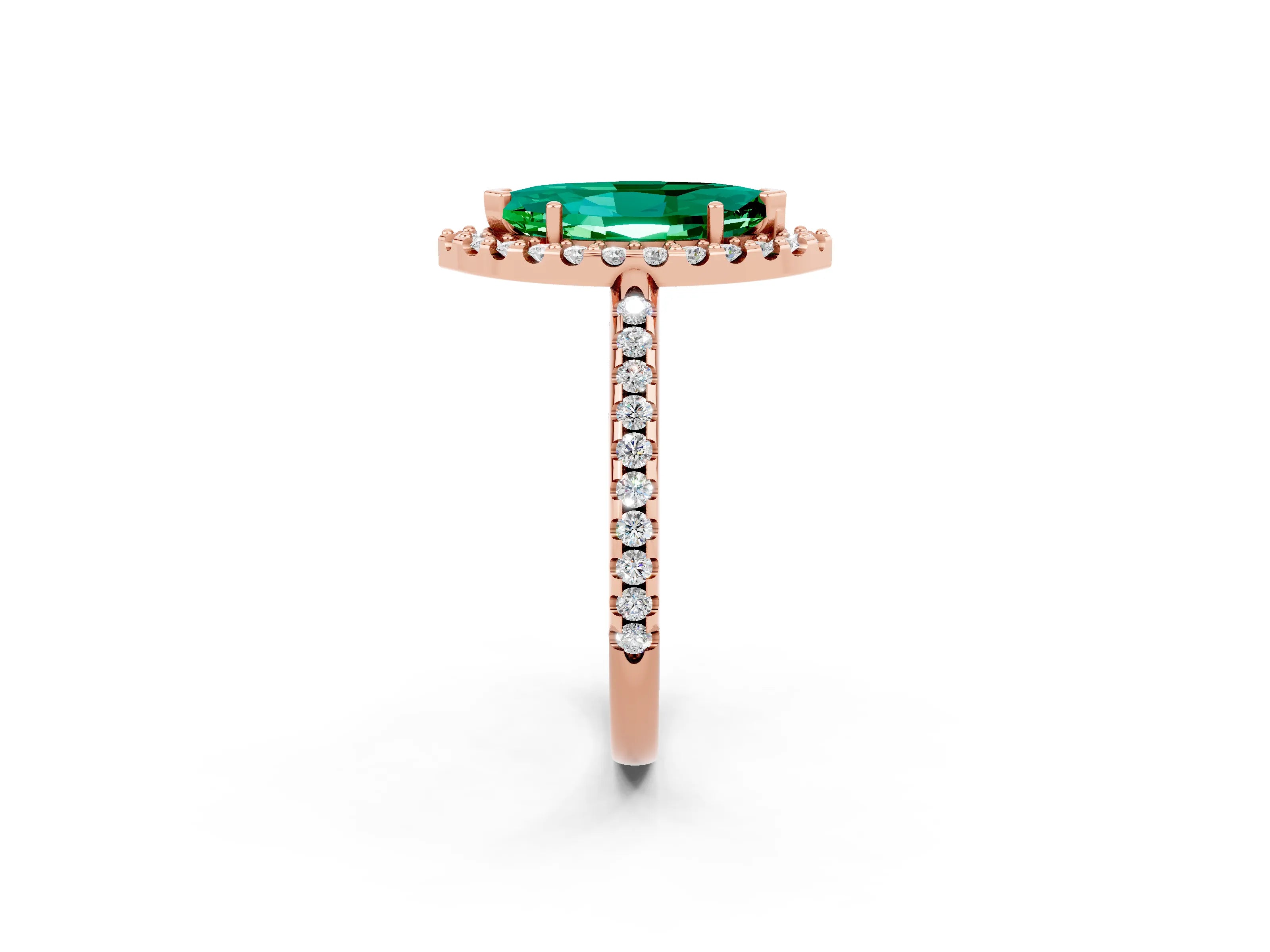 Rose gold Marquise Cut Emerald Pavé Halo Ring with Four-Prong Setting_14