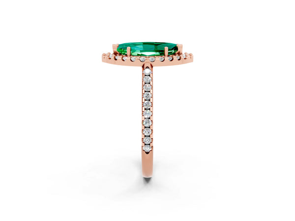 Rose gold Marquise Cut Emerald Pavé Halo Ring with Four-Prong Setting