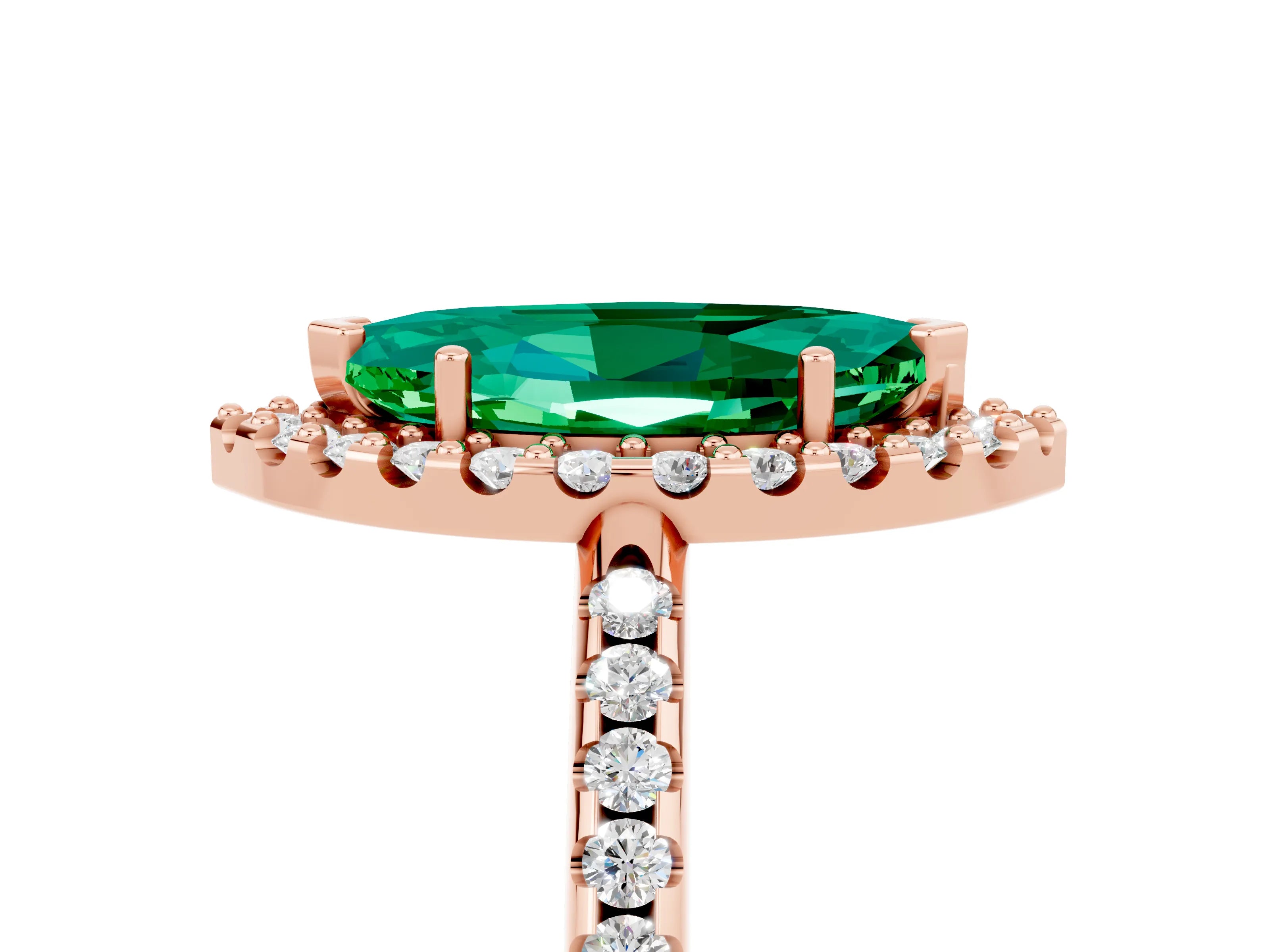 Rose gold Marquise Cut Emerald Pavé Halo Ring with Four-Prong Setting_17