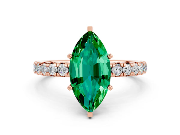 Rose gold Marquise Cut Emerald Pavé Solitaire Ring with Round Band and Prong Setting