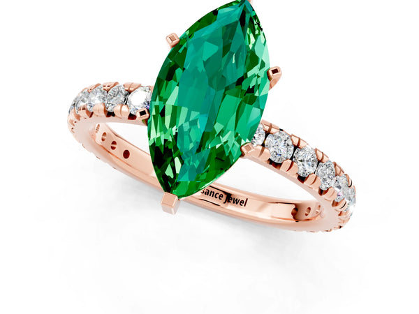 Rose gold Marquise Cut Emerald Pavé Solitaire Ring with Round Band and Prong Setting