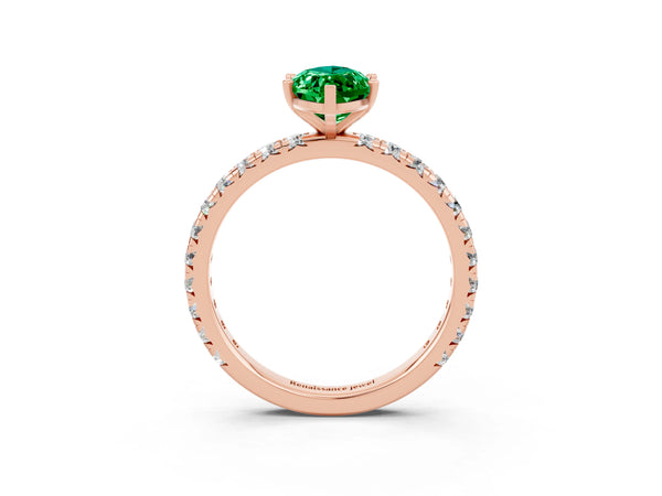 Rose gold Marquise Cut Emerald Pavé Solitaire Ring with Round Band and Prong Setting
