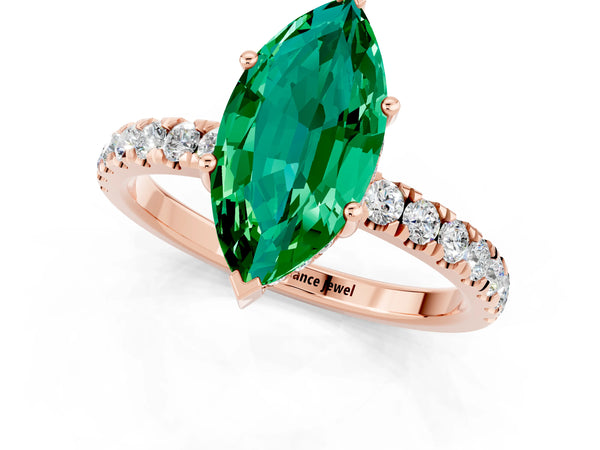 Rose gold Marquise Cut Emerald Pave Band Solitaire Ring with Round  and Prong Setting