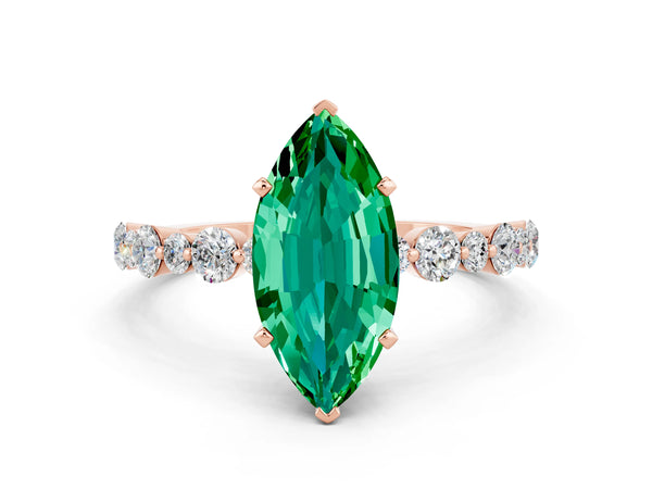 Rose gold Marquise Cut Emerald Prong Set Engagement Ring with Pavé Band