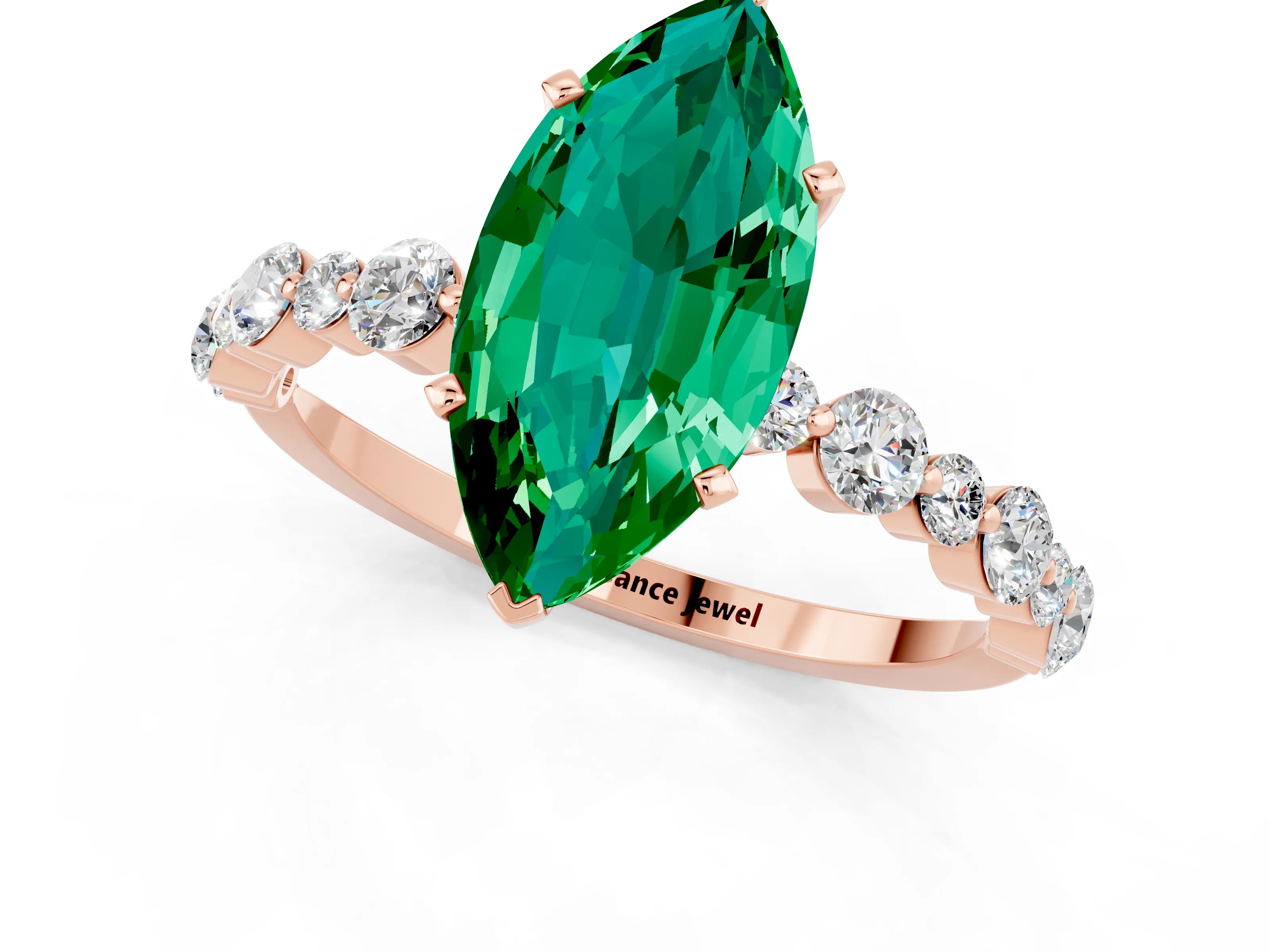 Rose gold Marquise Cut Emerald Prong Set Engagement Ring with Pavé Band_1