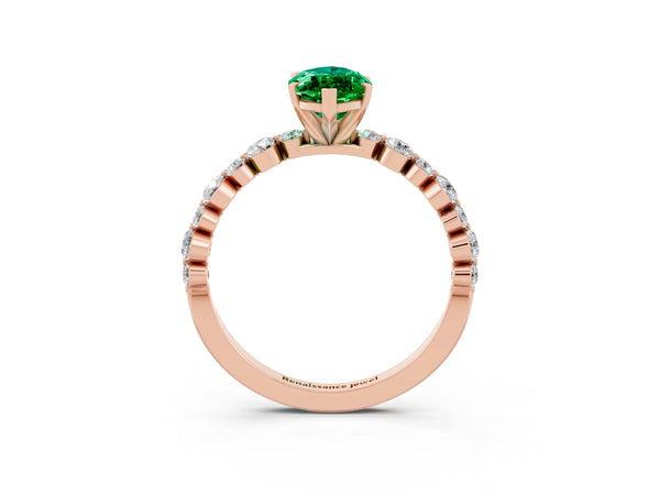 Rose gold Marquise Cut Emerald Prong Set Engagement Ring with Pavé Band