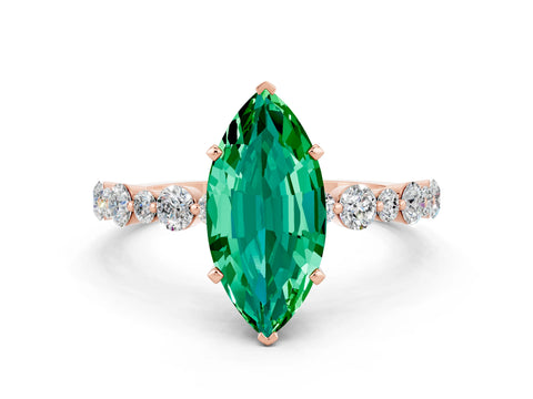 Rose gold Marquise Cut Emerald Prong Set Engagement Ring with Pavé Band