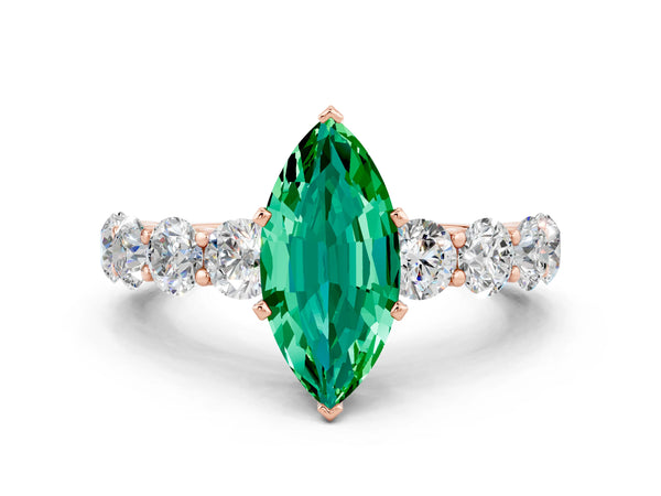 Rose gold Marquise Cut Emerald Prong Setting with Side Stones on a Pave Band