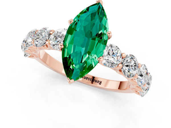Rose gold Marquise Cut Emerald Prong Setting with Side Stones on a Pave Band