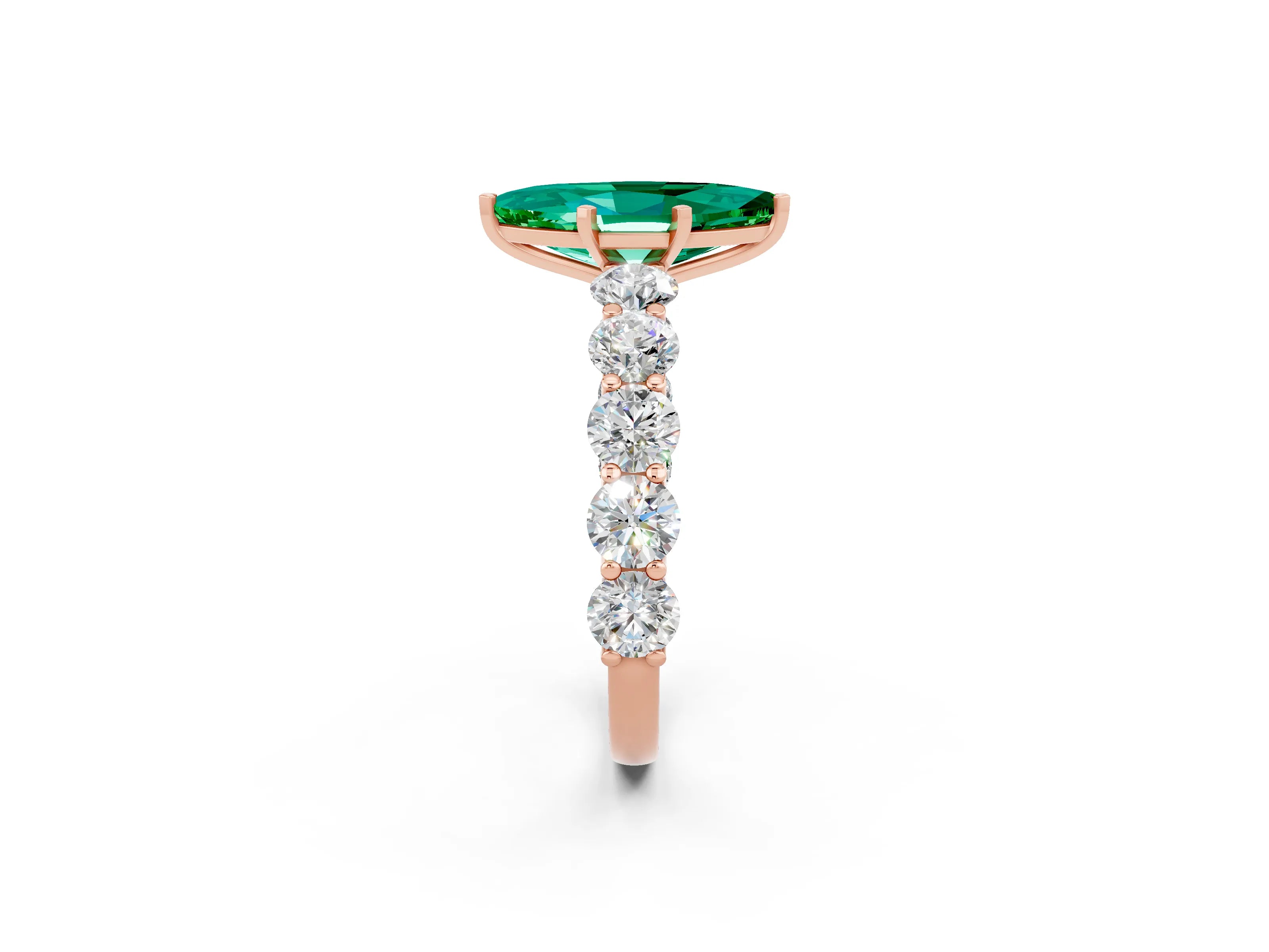 Rose gold Marquise Cut Emerald Prong Setting with Side Stones on a Pave Band_2