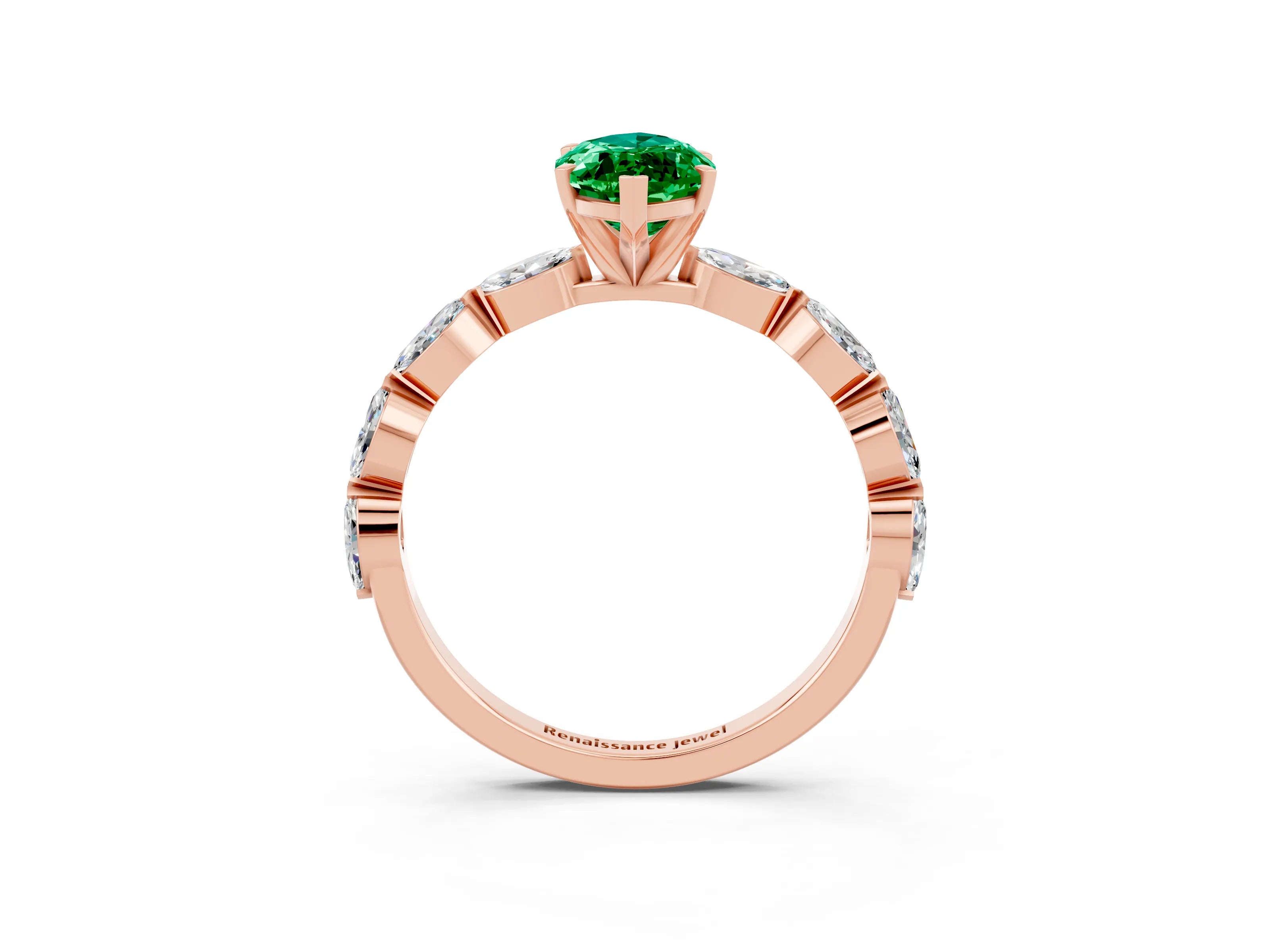 Rose gold Marquise Cut Emerald Ring with Marquise Side Stones and Prong Setting_3
