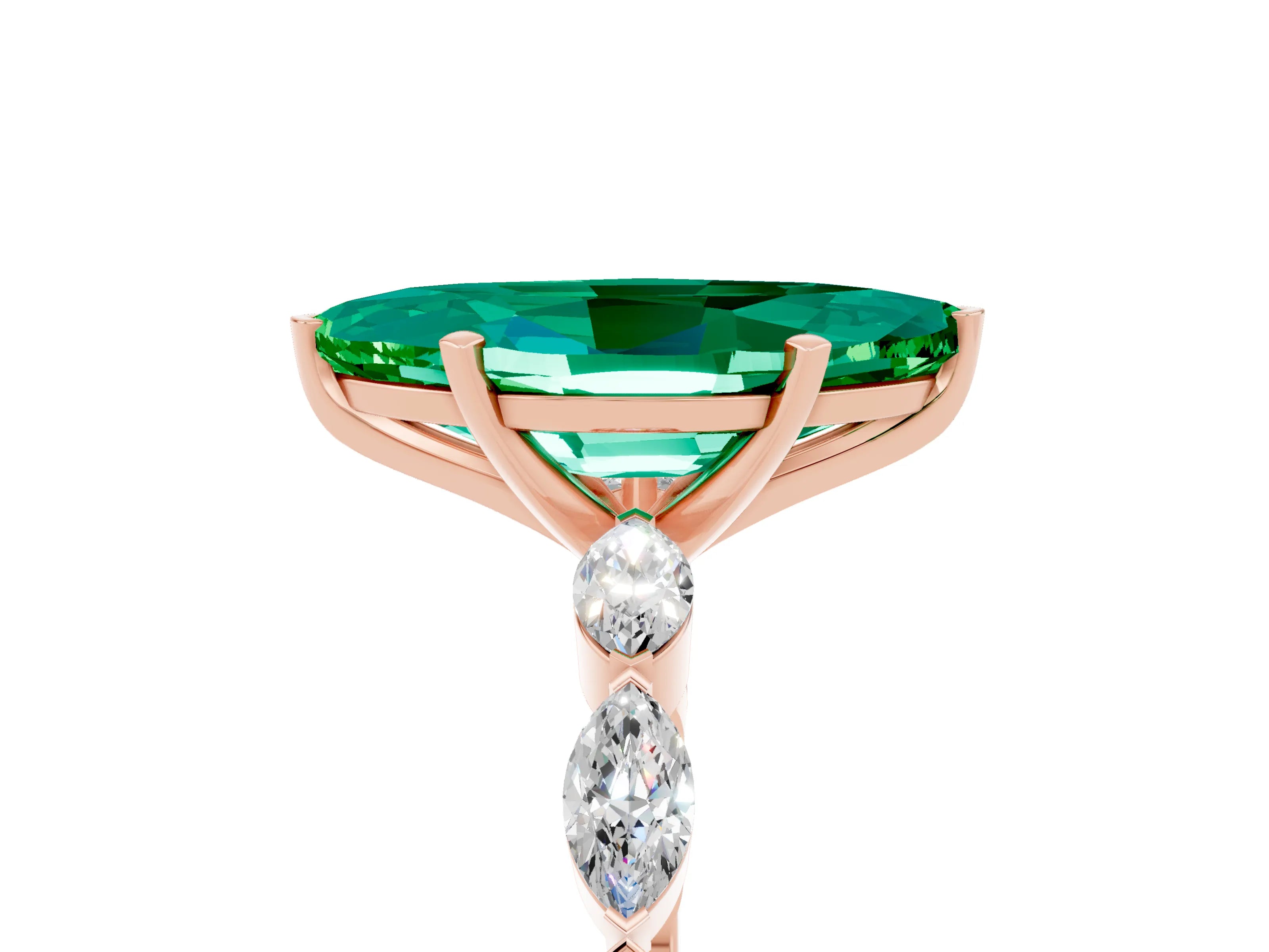 Rose gold Marquise Cut Emerald Ring with Marquise Side Stones and Prong Setting_5