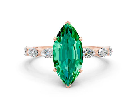 Rose gold Marquise Cut Emerald Ring with Marquise Side Stones and Prong Setting