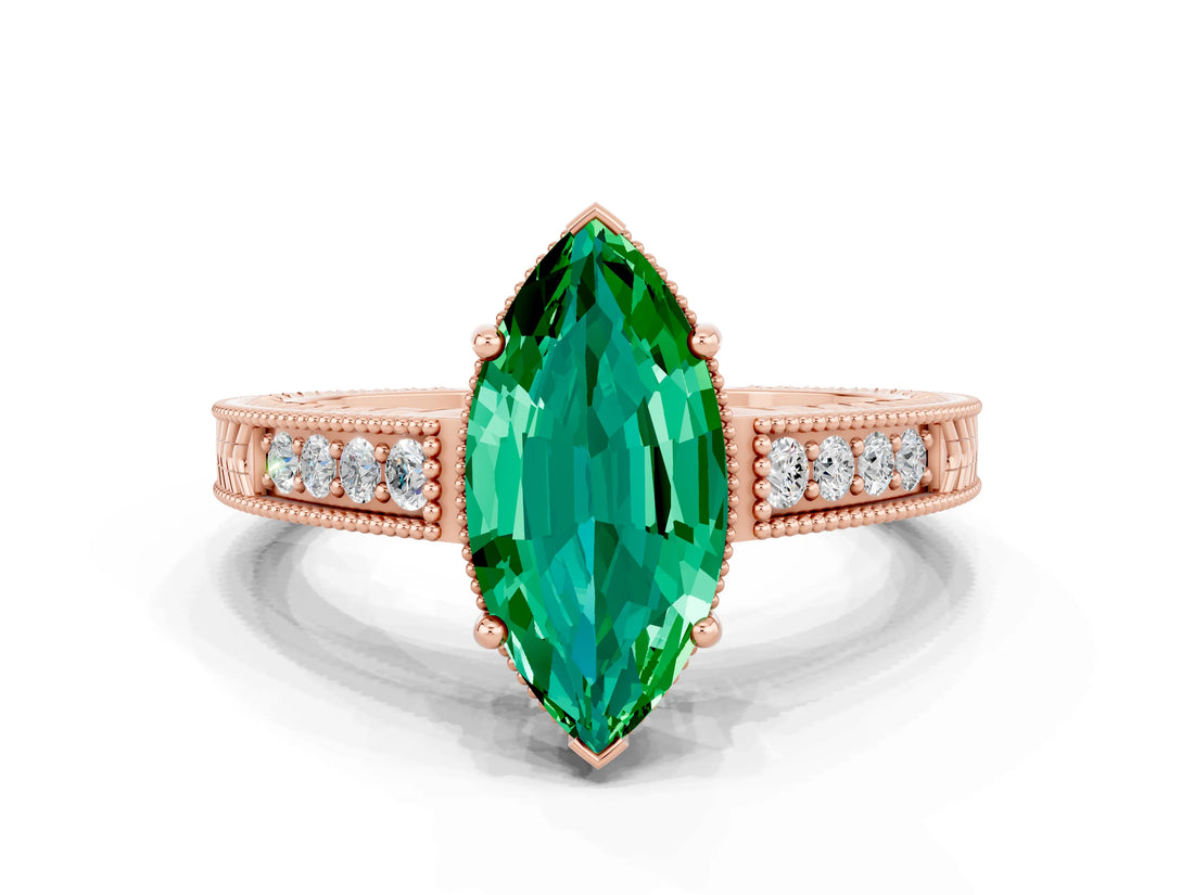 Rose gold Marquise Cut Emerald Ring with Milgrain Pavé Band and Four-Prong Setting_12