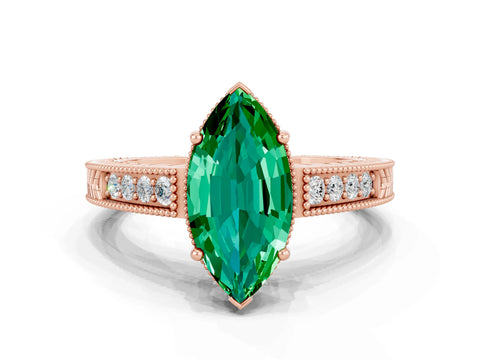 Rose gold Marquise Cut Emerald Ring with Milgrain Pavé Band and Four-Prong Setting_12