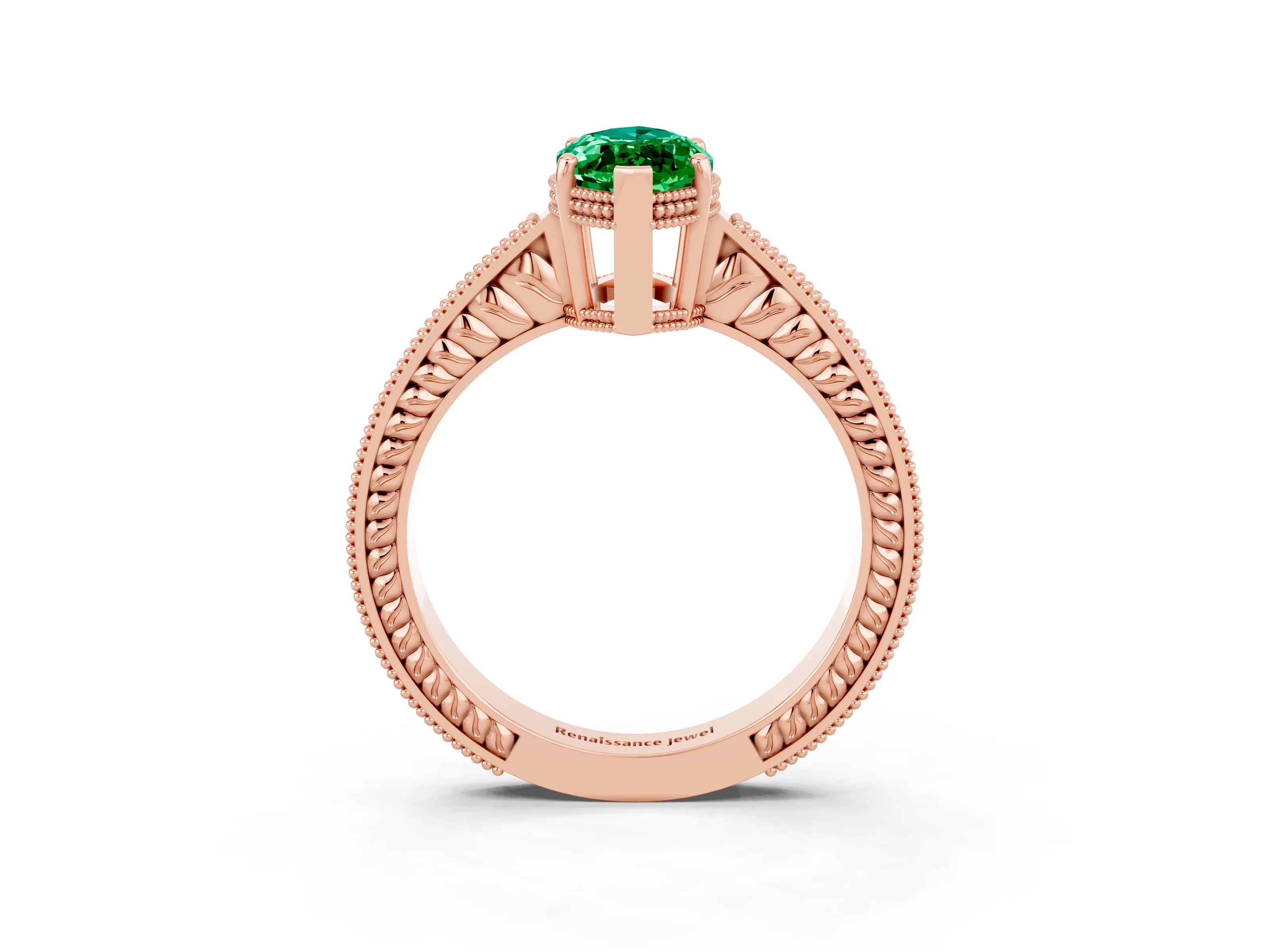 Rose gold Marquise Cut Emerald Ring with Milgrain Pavé Band and Four-Prong Setting_15