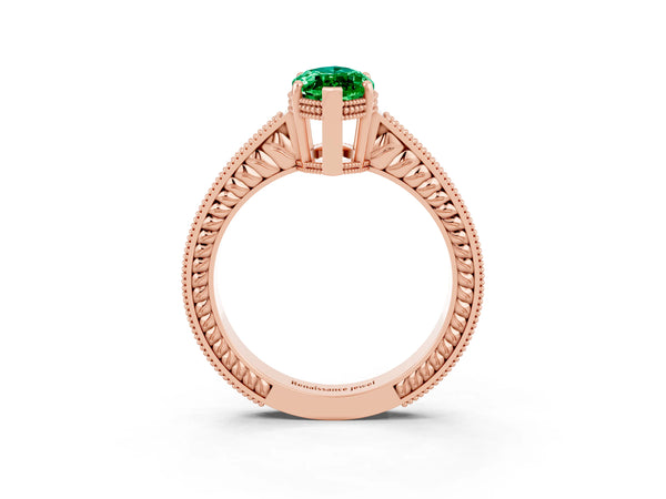 Rose gold Marquise Cut Emerald Ring with Milgrain Pavé Band and Four-Prong Setting