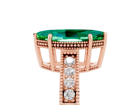 Rose gold Marquise Cut Emerald Ring with Milgrain Pavé Band and Four-Prong Setting_17
