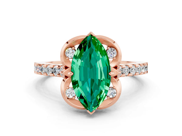 Rose gold Marquise Cut Emerald Ring with Pavé Band and Floral Prong Setting