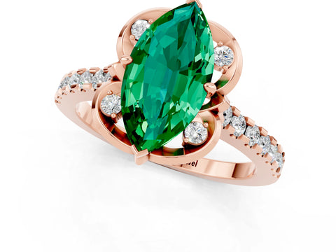 Rose gold Marquise Cut Emerald Ring with Pavé Band and Floral Prong Setting_1