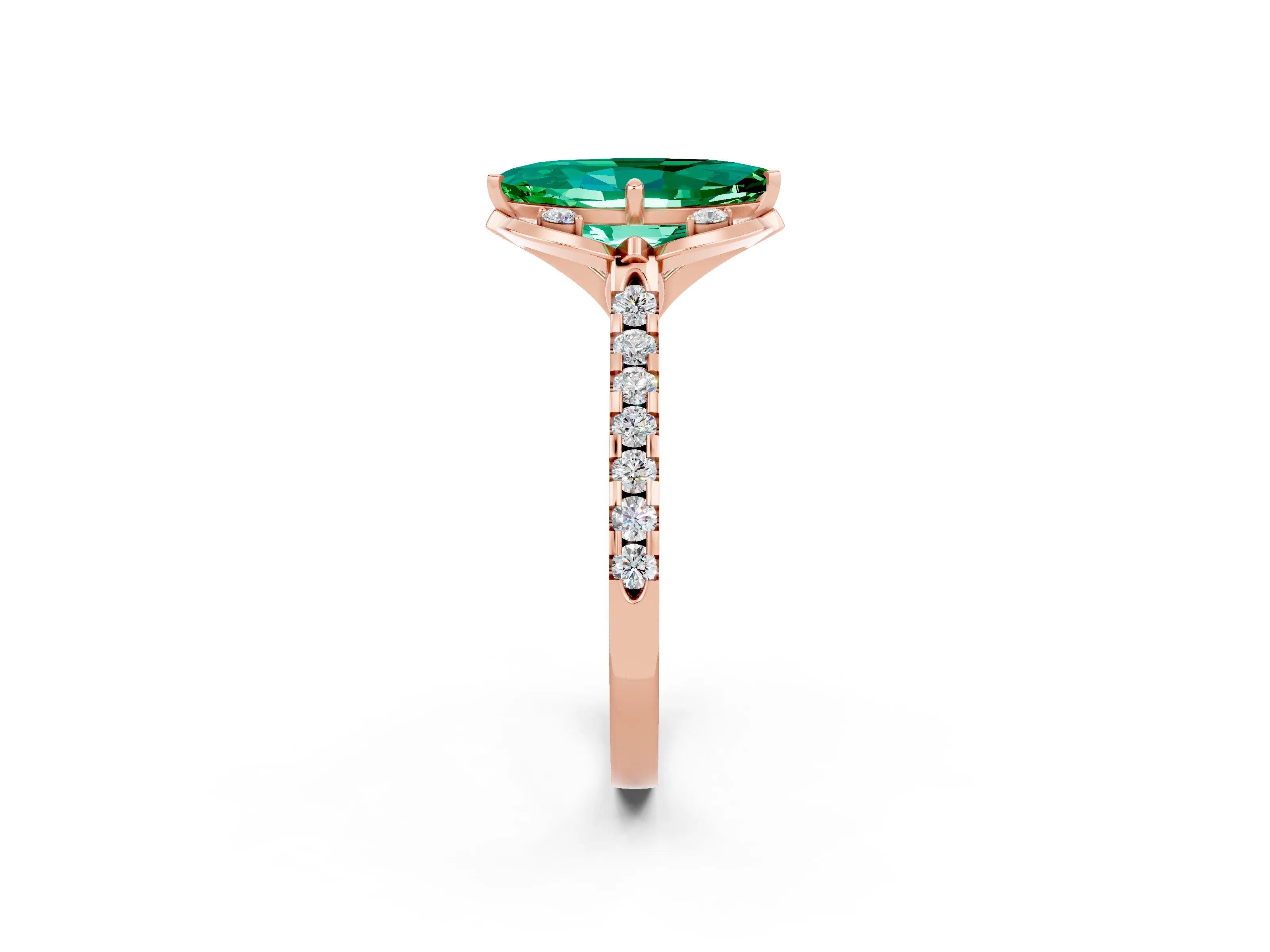 Rose gold Marquise Cut Emerald Ring with Pavé Band and Floral Prong Setting_2
