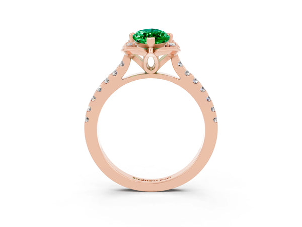 Rose gold Marquise Cut Emerald Ring with Pavé Band and Floral Prong Setting