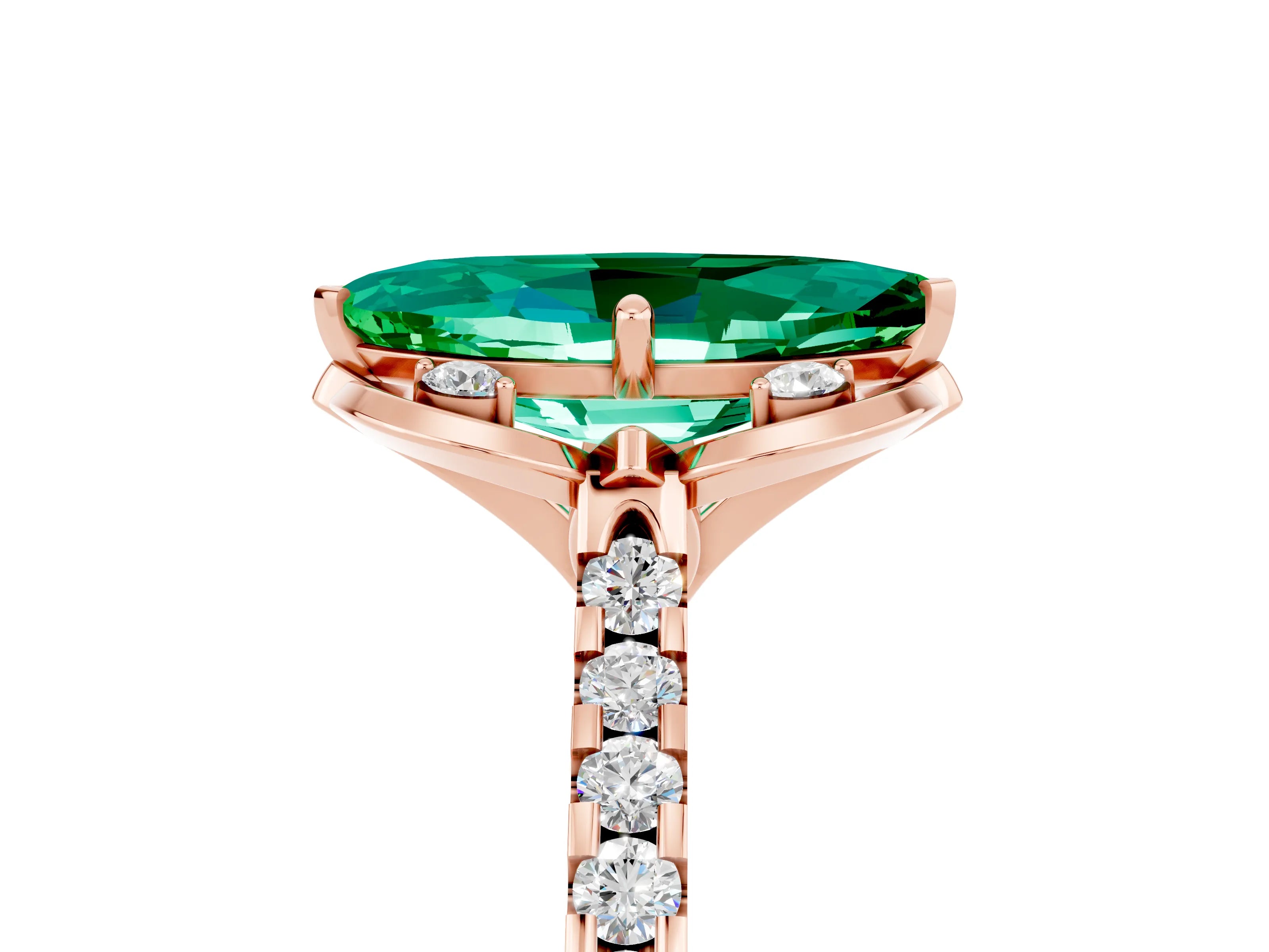 Rose gold Marquise Cut Emerald Ring with Pavé Band and Floral Prong Setting_5
