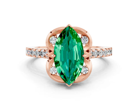 Rose gold Marquise Cut Emerald Ring with Pavé Band and Floral Prong Setting
