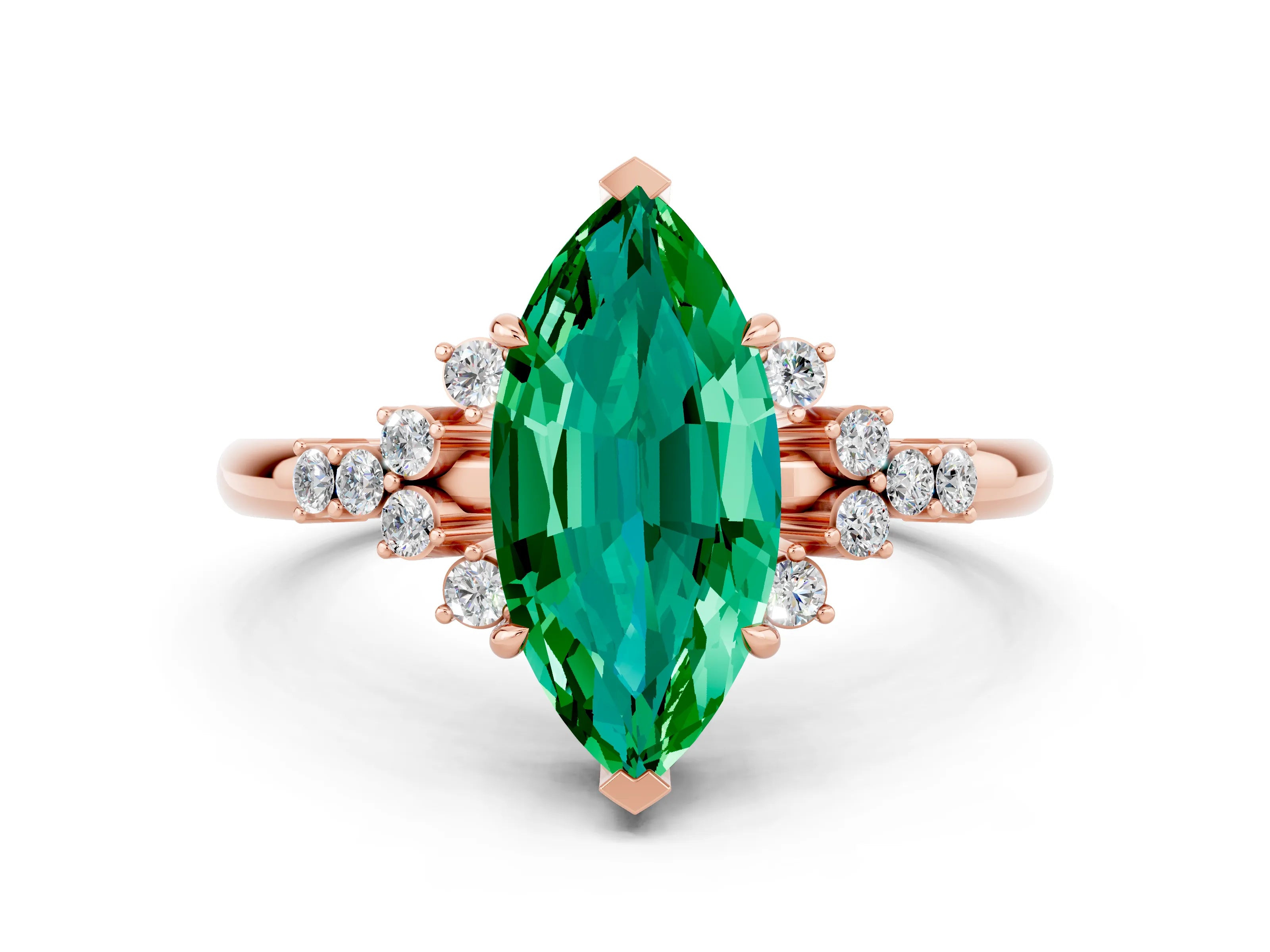 Rose gold Marquise Cut Emerald Ring with Side Stones and Four-Prong Setting_36