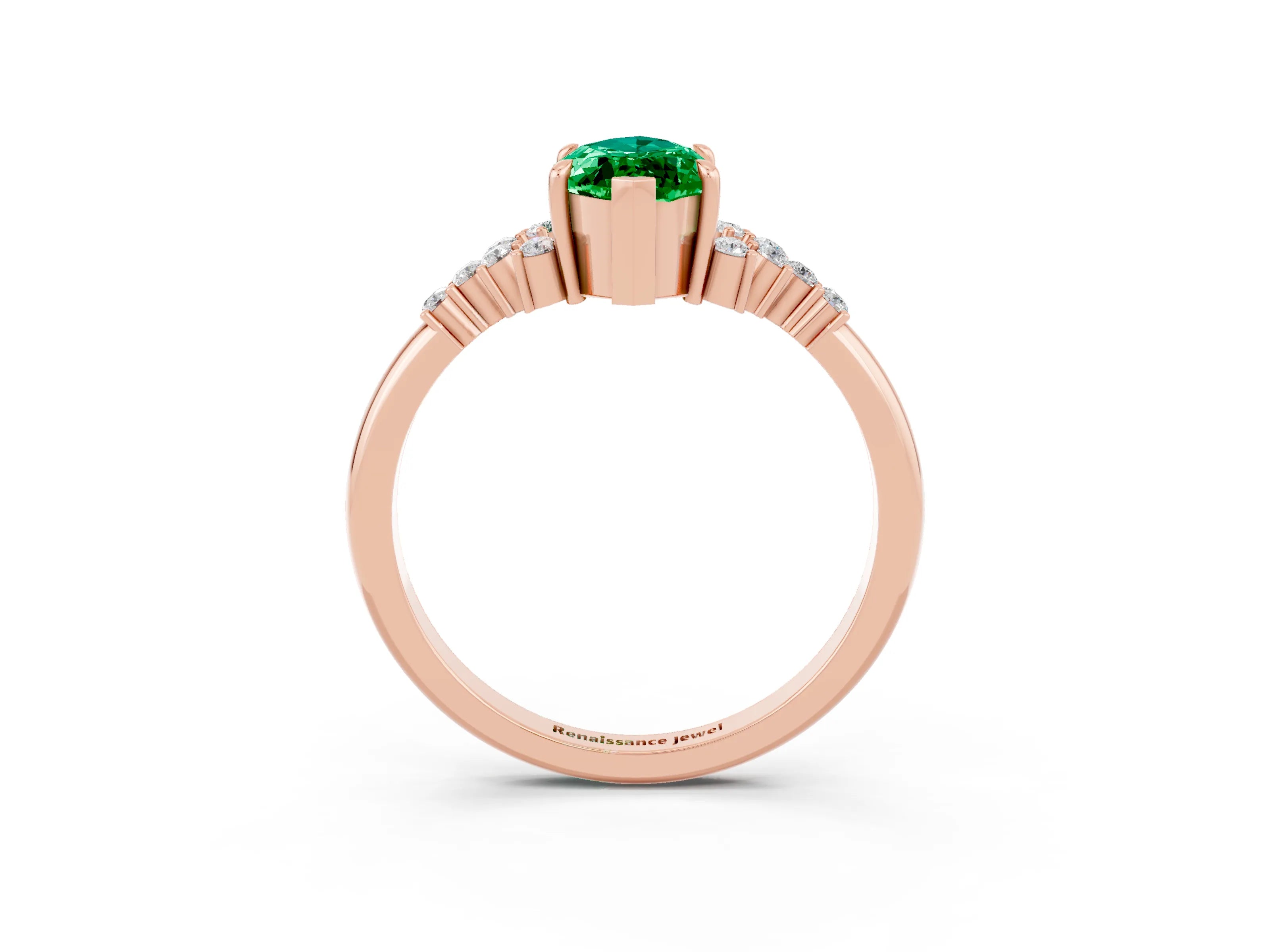 Rose gold Marquise Cut Emerald Ring with Side Stones and Four-Prong Setting_39