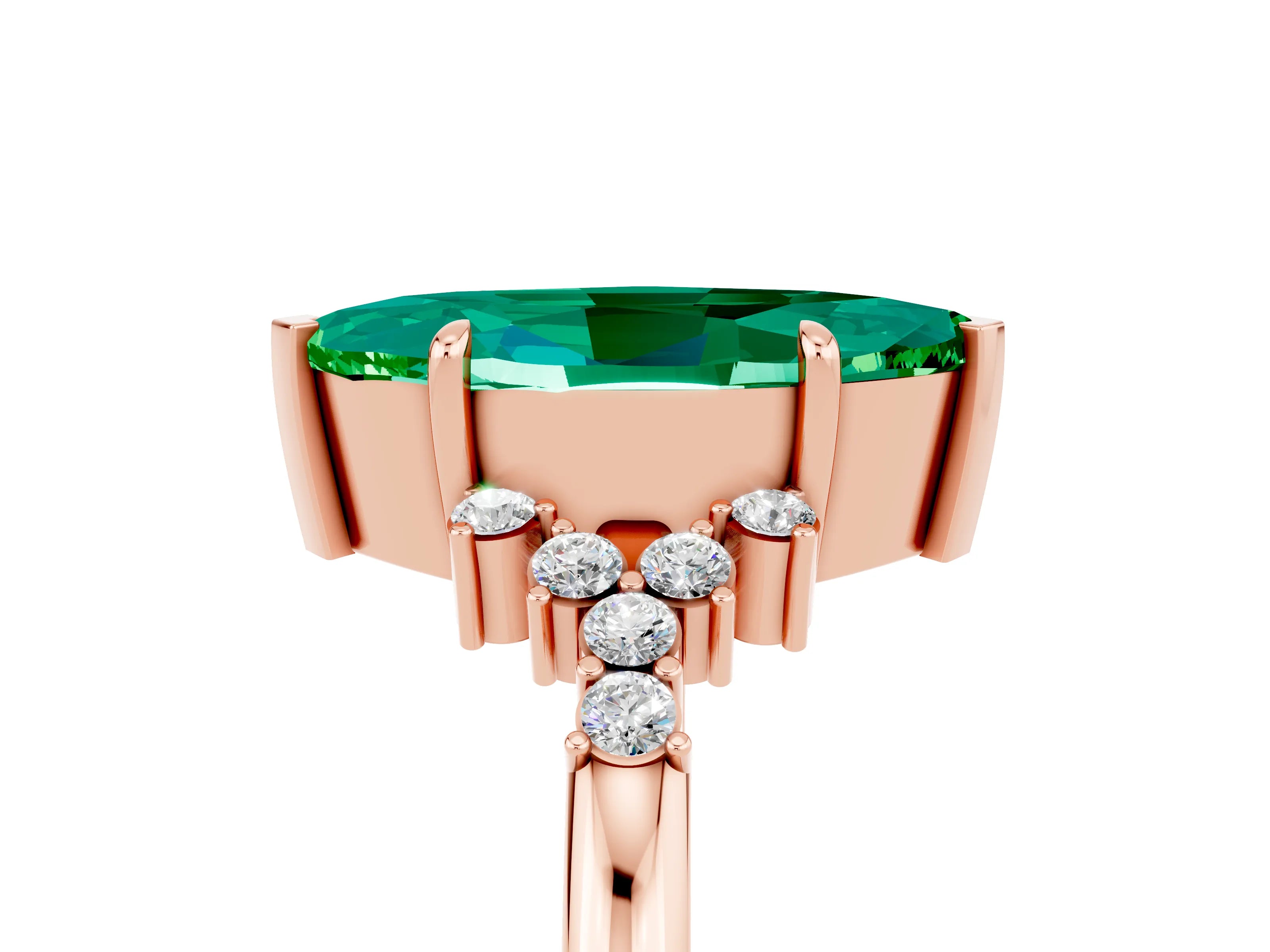 Rose gold Marquise Cut Emerald Ring with Side Stones and Four-Prong Setting_41