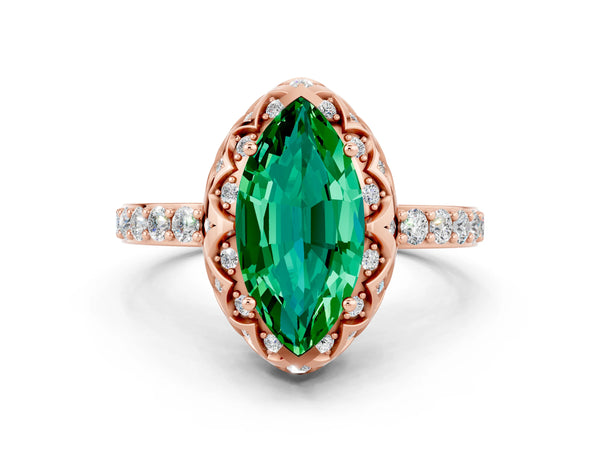 Rose gold Marquise Cut Emerald Scalloped Halo Engagement Ring with Round Shared Prong Band