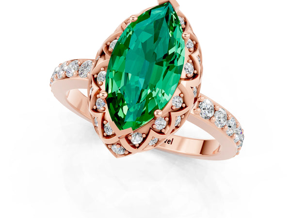 Rose gold Marquise Cut Emerald Scalloped Halo Engagement Ring with Round Shared Prong Band