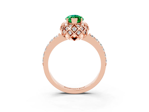 Rose gold Marquise Cut Emerald Scalloped Halo Engagement Ring with Round Shared Prong Band