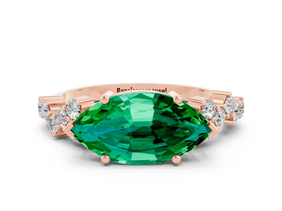 Rose gold Marquise Cut Emerald Scattered Round Accent Ring with Prong Setting_12