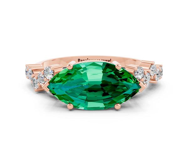 Rose gold Marquise Cut Emerald Scattered Round Accent Ring with Prong Setting