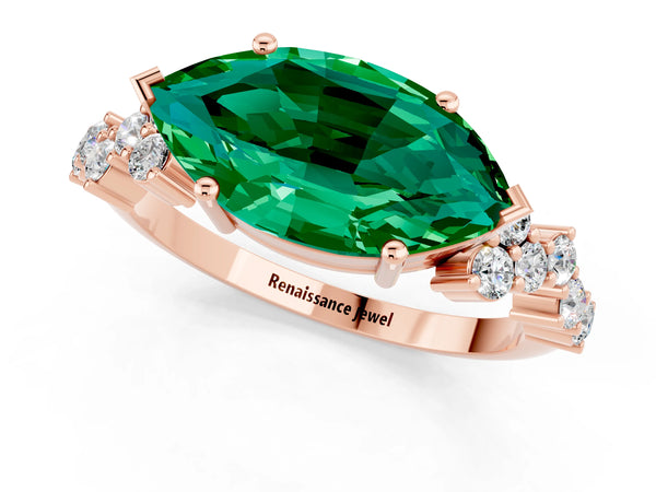 Rose gold Marquise Cut Emerald Scattered Round Accent Ring with Prong Setting