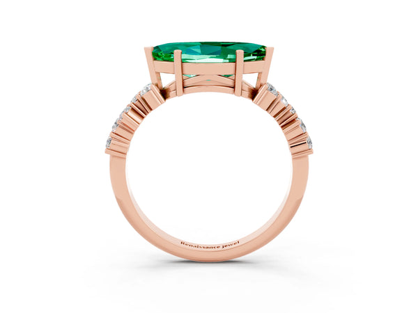 Rose gold Marquise Cut Emerald Scattered Round Accent Ring with Prong Setting
