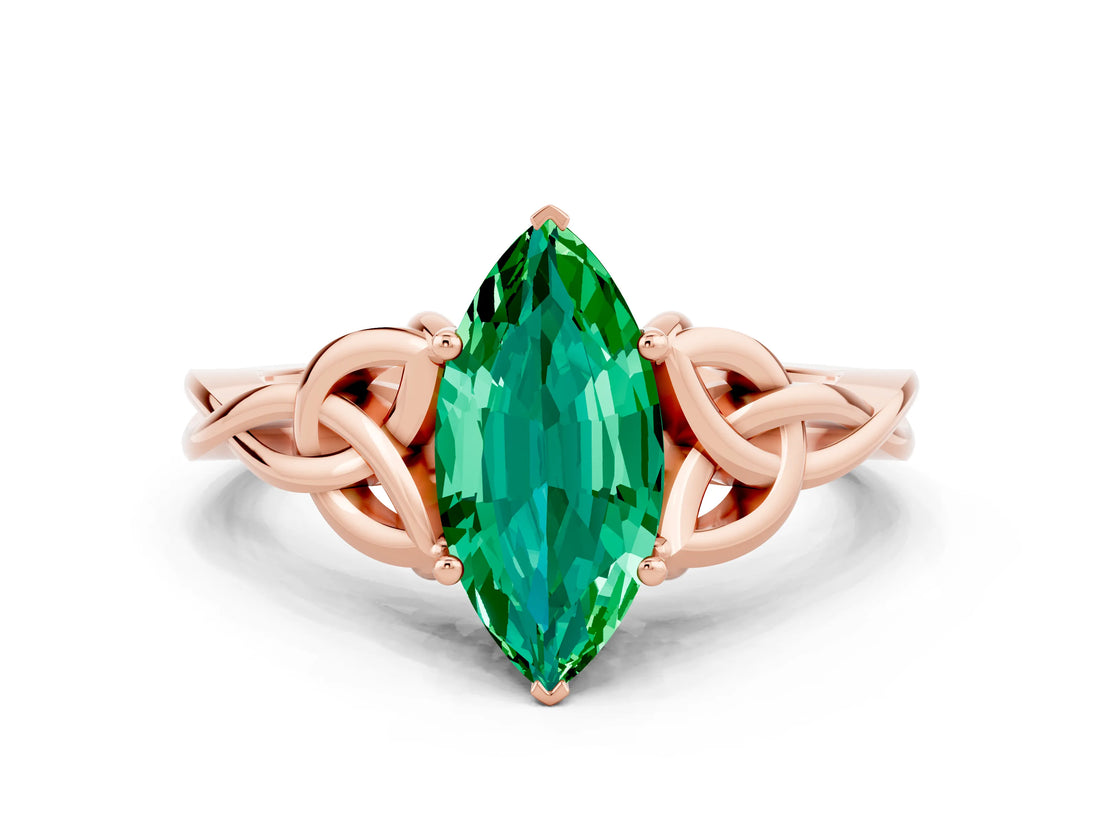 Rose gold Marquise Cut Emerald Solitaire Celtic Knot Ring with Four-Prong Setting_12