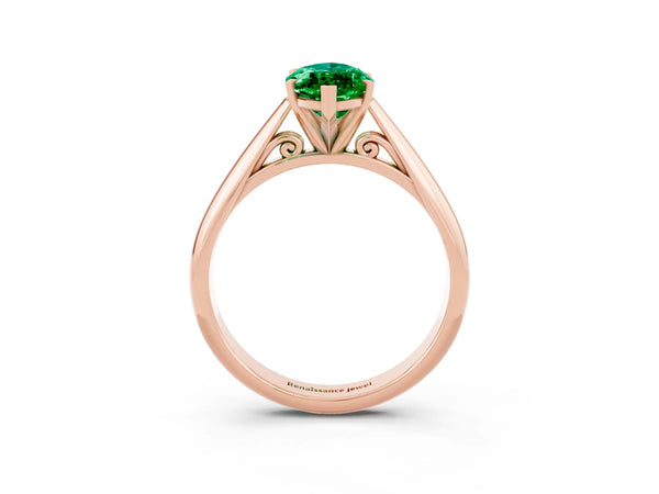 Rose gold Marquise Cut Emerald Solitaire Engagement Ring with Cathedral Setting and Four-Prong Mount