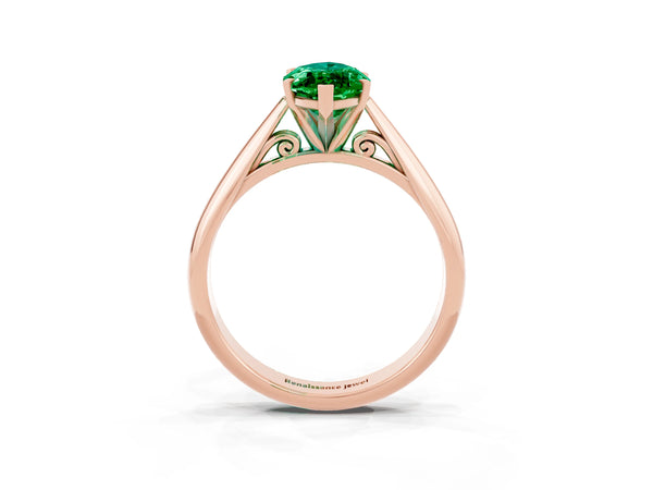 Rose gold Marquise Cut Emerald Solitaire Engagement Ring with Cathedral Setting and Four-Prong Mount