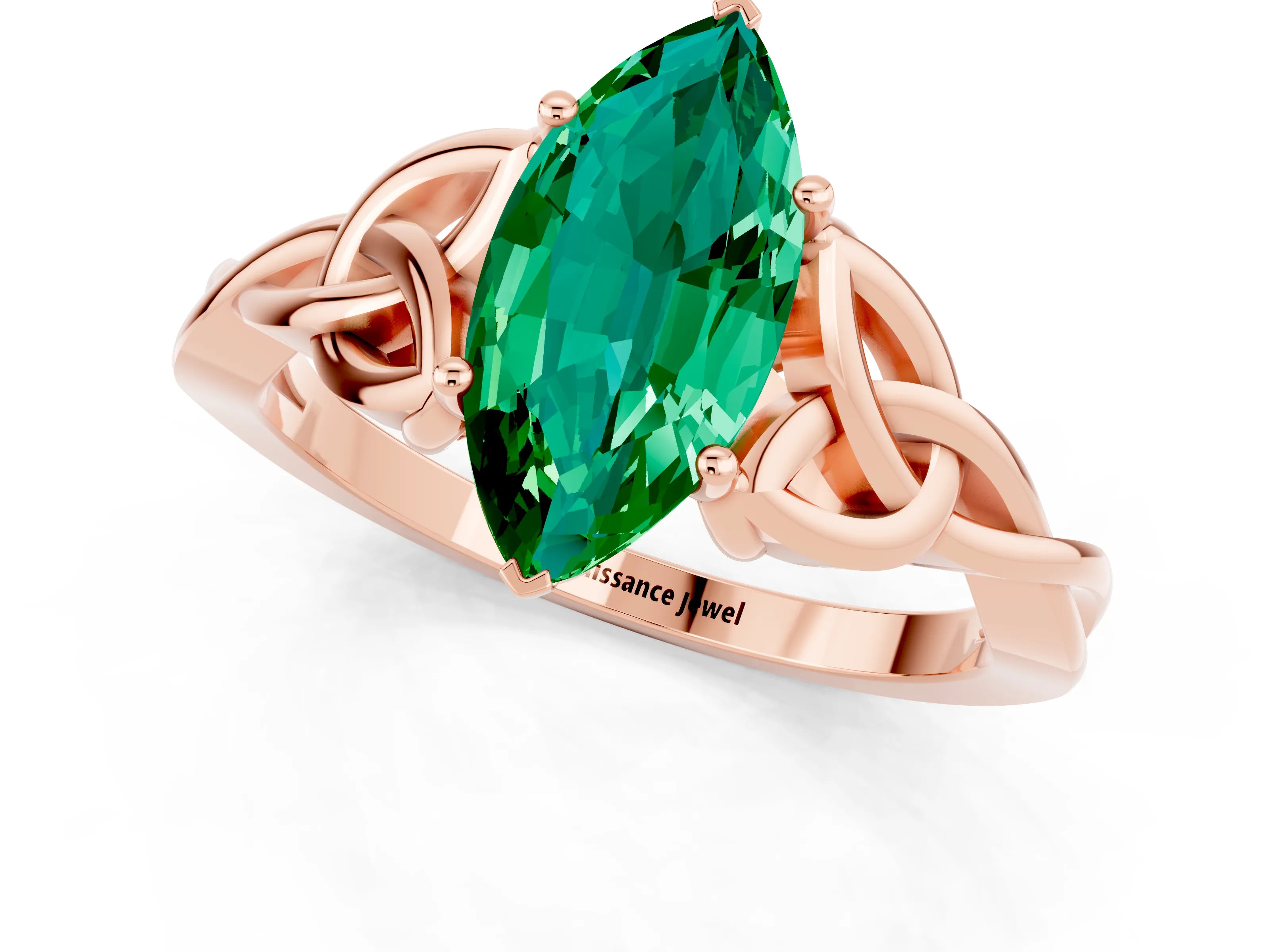 Rose gold Marquise Cut Emerald Solitaire Engagement Ring with Celtic Knot Band and Four-Prong Setting_1