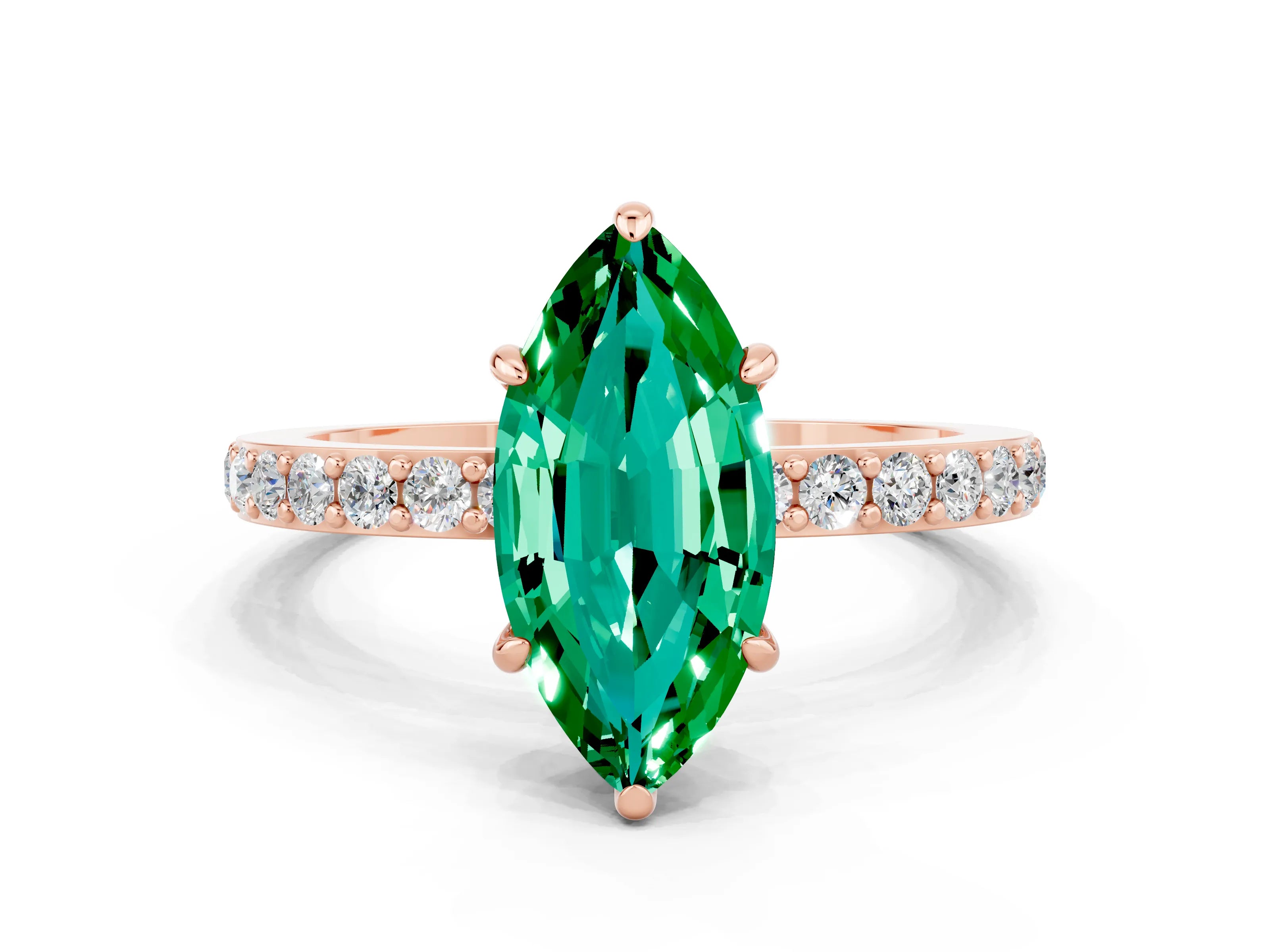 Rose gold Marquise Cut Emerald Solitaire Engagement Ring with Pavé Band and Four-Prong Setting