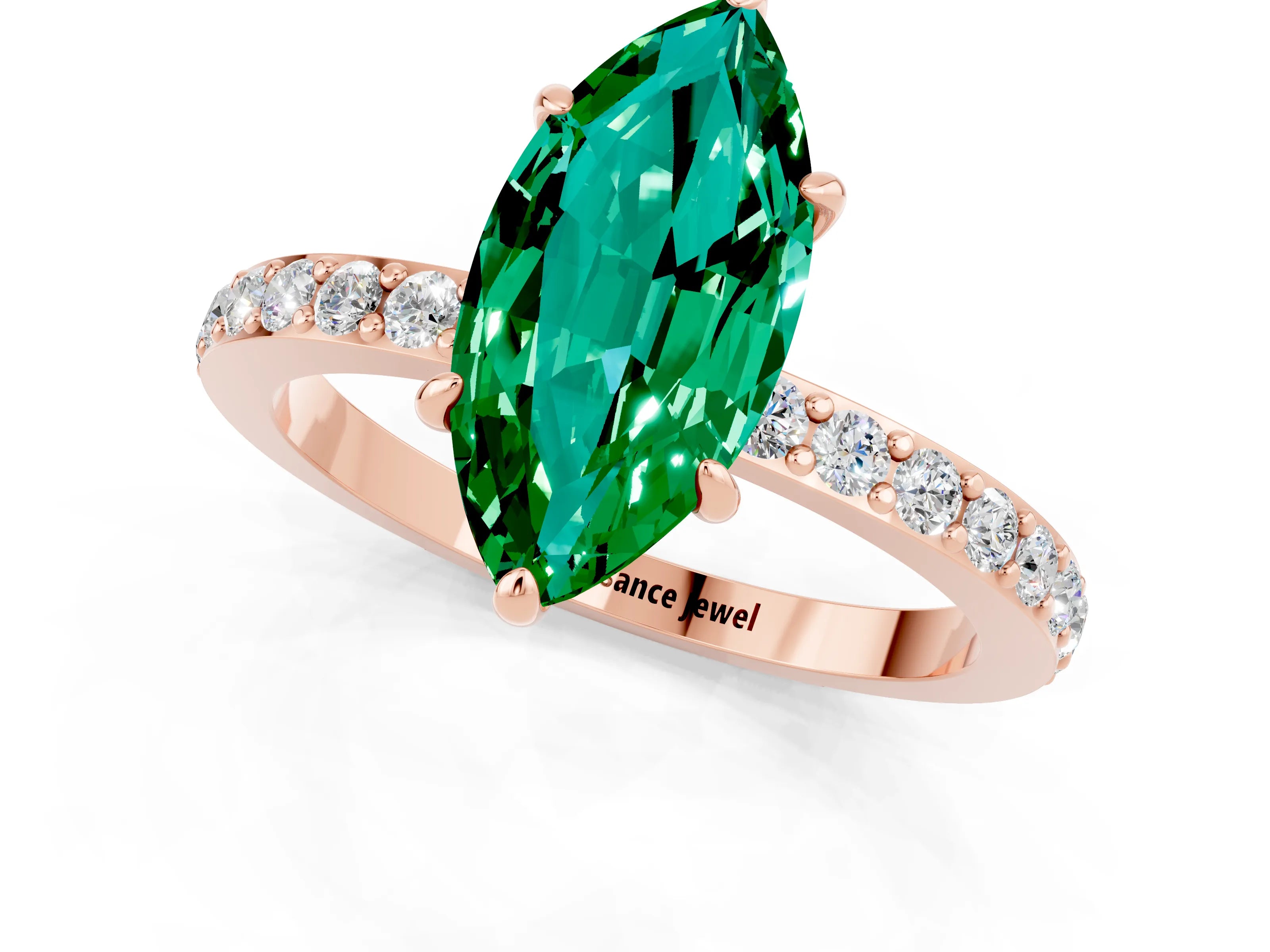 Rose gold Marquise Cut Emerald Solitaire Engagement Ring with Pavé Band and Four-Prong Setting_1