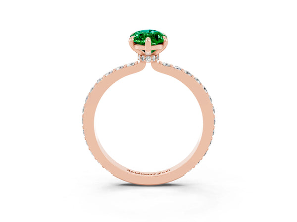 Rose gold Marquise Cut Emerald Solitaire Engagement Ring with Pavé Band and Four-Prong Setting
