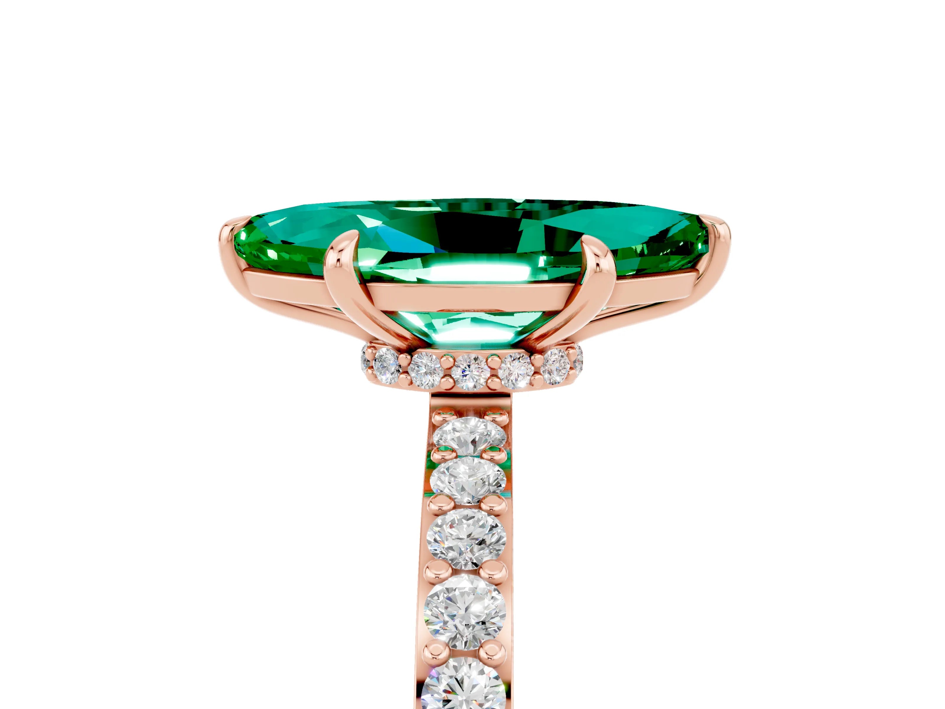 Rose gold Marquise Cut Emerald Solitaire Engagement Ring with Pavé Band and Four-Prong Setting_5