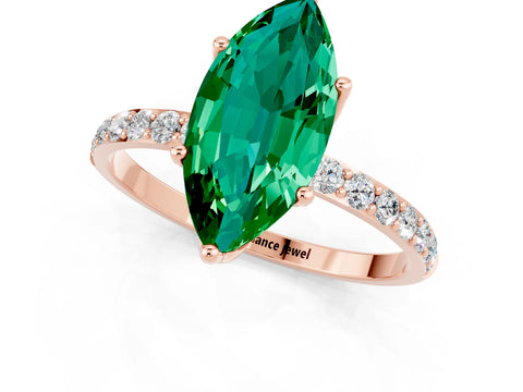 Rose gold Marquise Cut Emerald Solitaire Engagement Ring with Pavé Band and Prong Setting_1