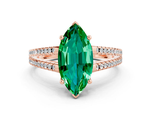 Rose gold Marquise Cut Emerald Solitaire Engagement Ring with Split Shank Pavé Band