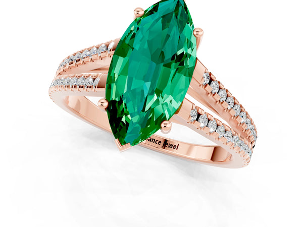 Rose gold Marquise Cut Emerald Solitaire Engagement Ring with Split Shank Pavé Band